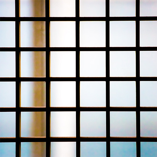 A photograph of a grid, possibly a screen, in the foreground with a blurred background